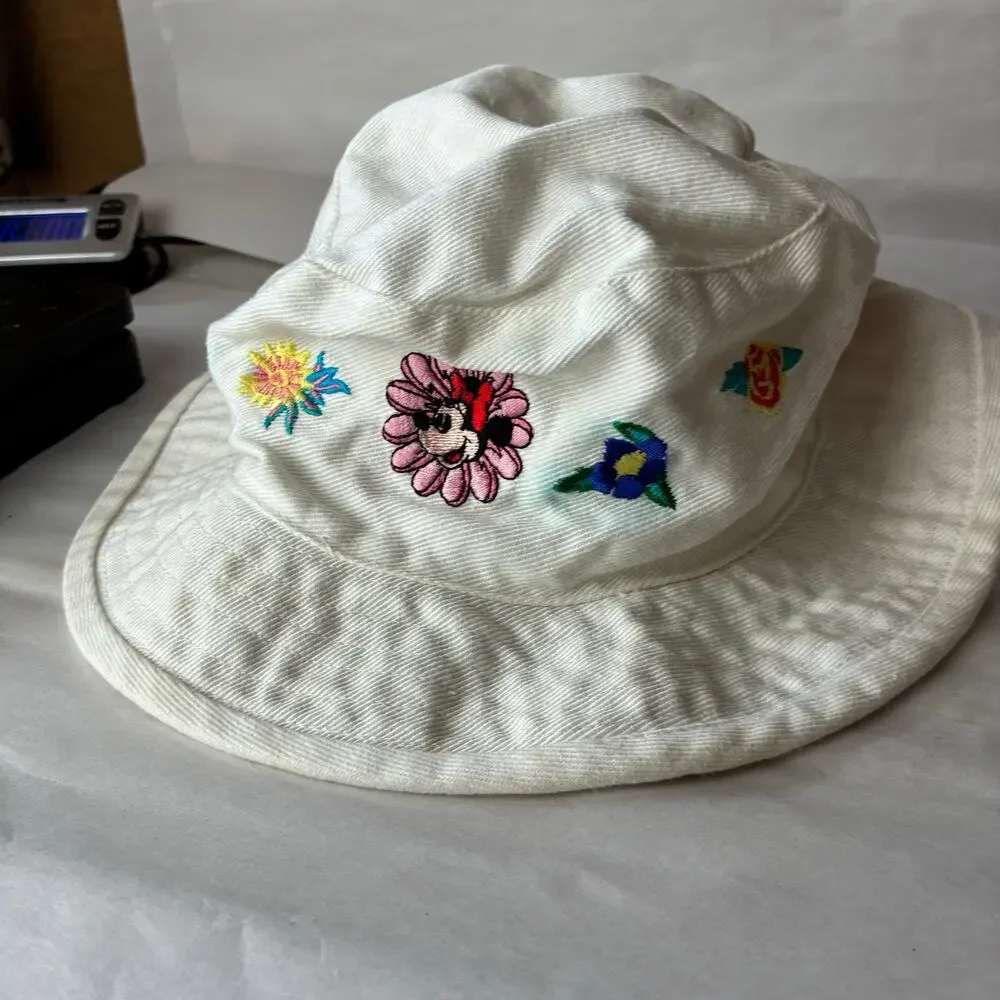 Disney Bucket Hat Girl OS White Vintage Minnie Mouse Floral Embroidered 90s READ